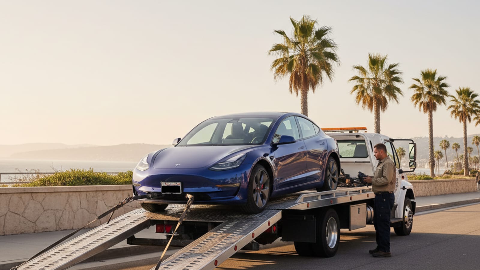 Flatbed tow truck parked behind a stalled electric car on a freeway shoulder