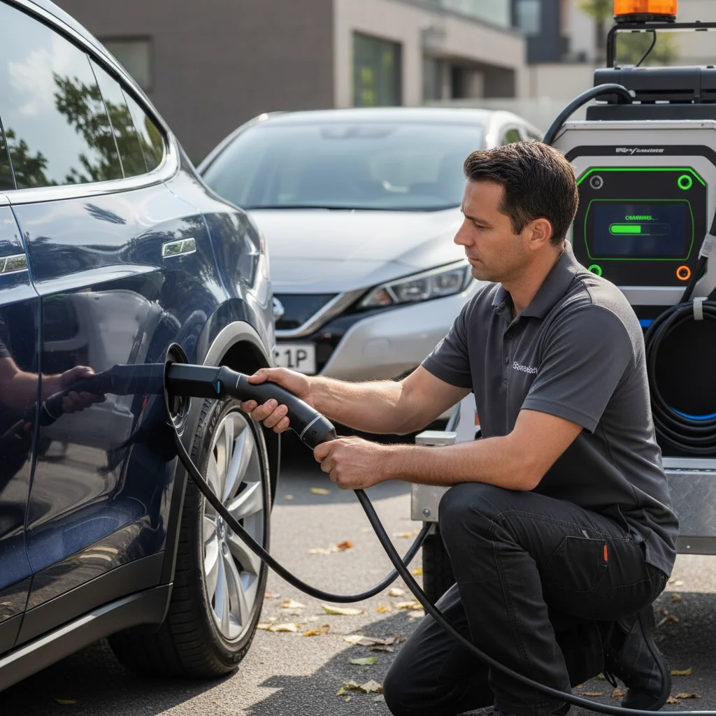 Person connecting a portable charging cable to an EV port at the roadside