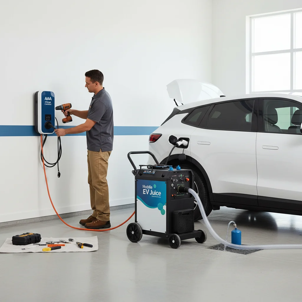 Split scene of a flatbed loading an EV on the left and a mobile charging van plugged into an EV on the right
