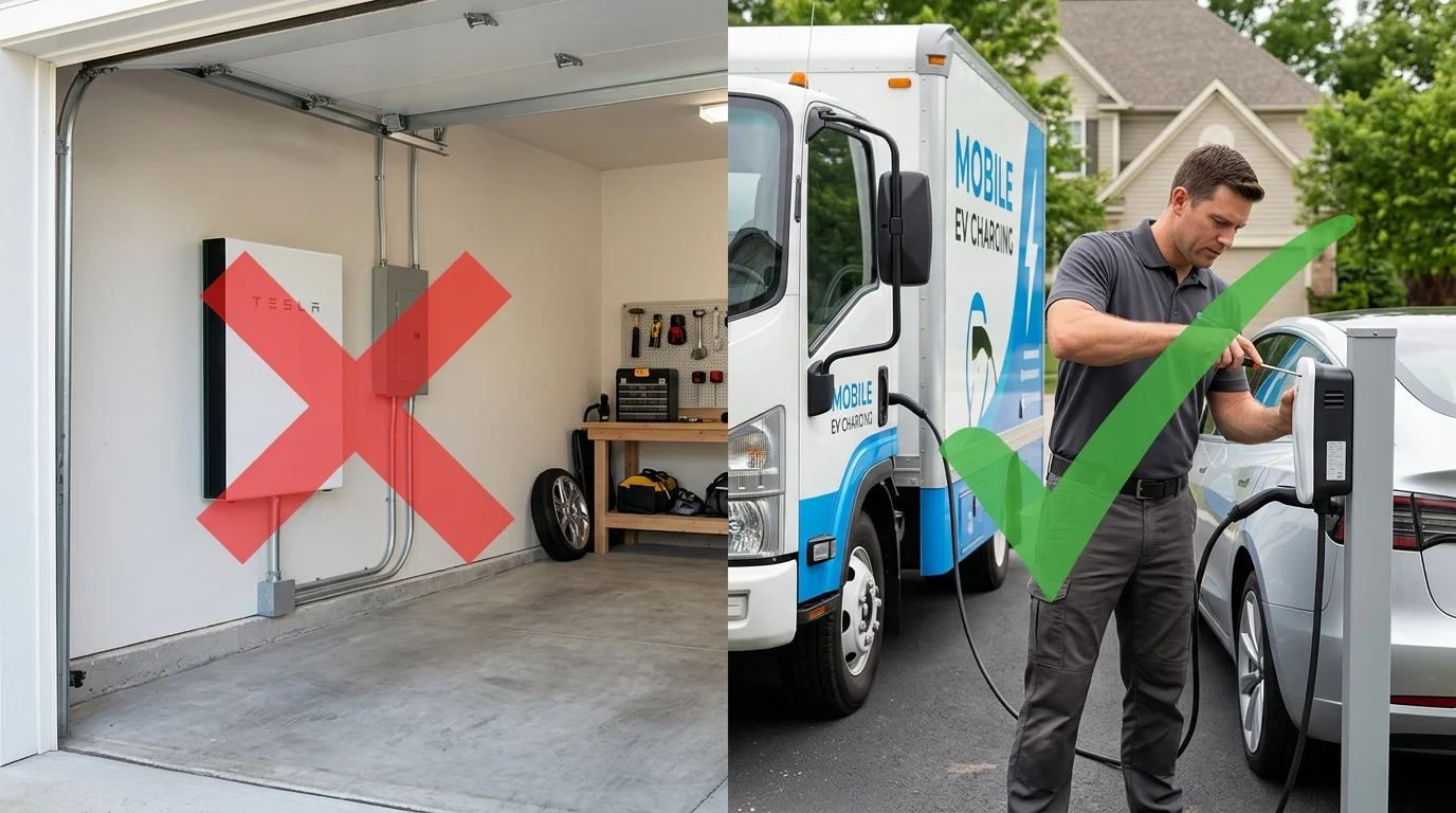 Split photo of a wall-mounted home battery with a red X, and a charging truck plugged into an EV with a green check