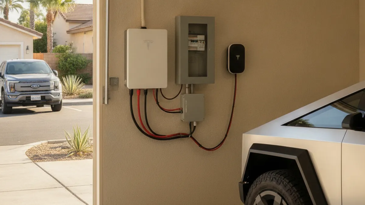 A Tesla Powerwall home battery mounted on a garage wall in a San Carlos home