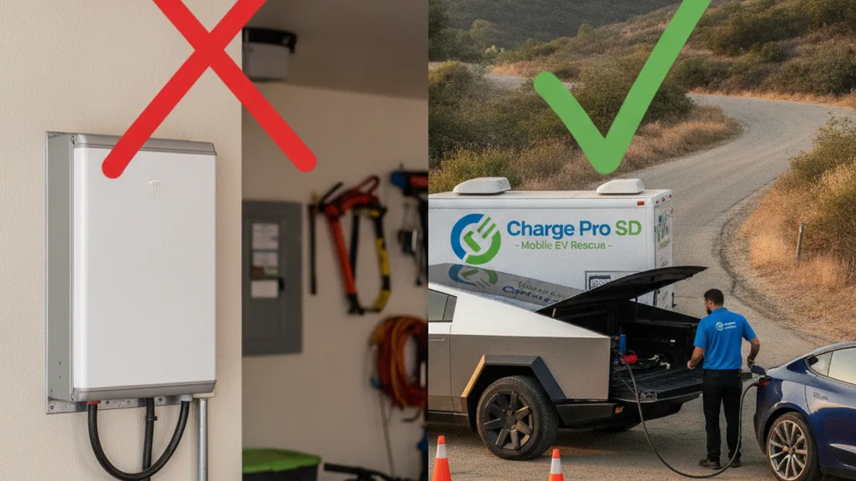 Split view of a wall-mounted home battery beside a mobile charger plugged into a stranded EV