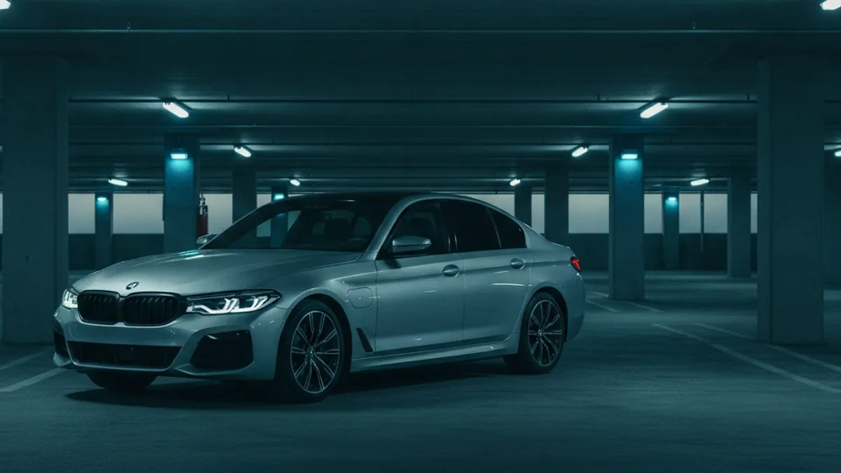 A luxury electric sedan in a parking garage with a dark, unlit dashboard after a long sit.