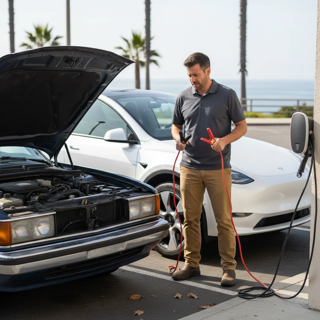 Driver holding jumper cables beside an EV and a neighboring car with its hood open