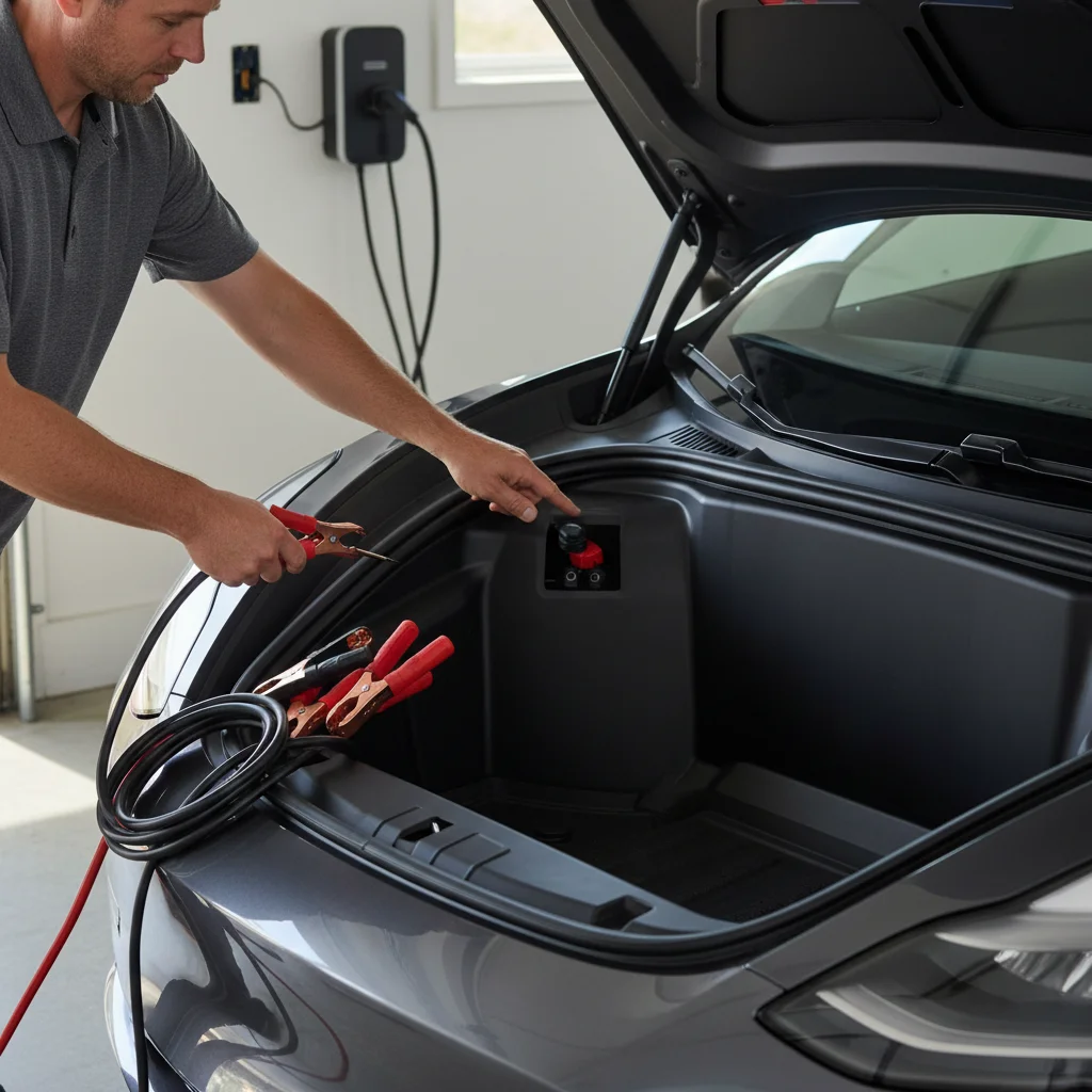 Close-up of 12-volt jump posts under an EV hood next to unused jumper cables