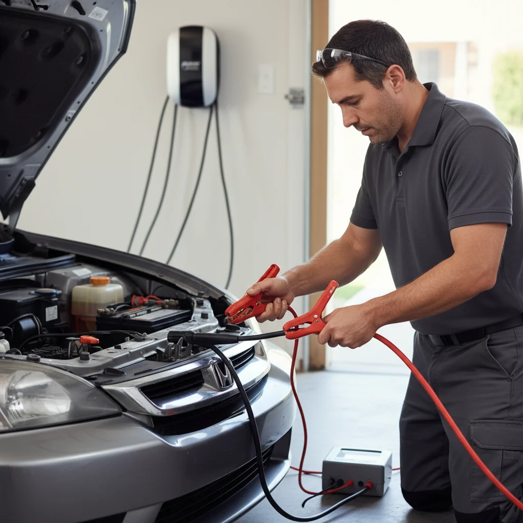 Jumper cable clamps on a 12-volt battery under an open hood at the roadside
