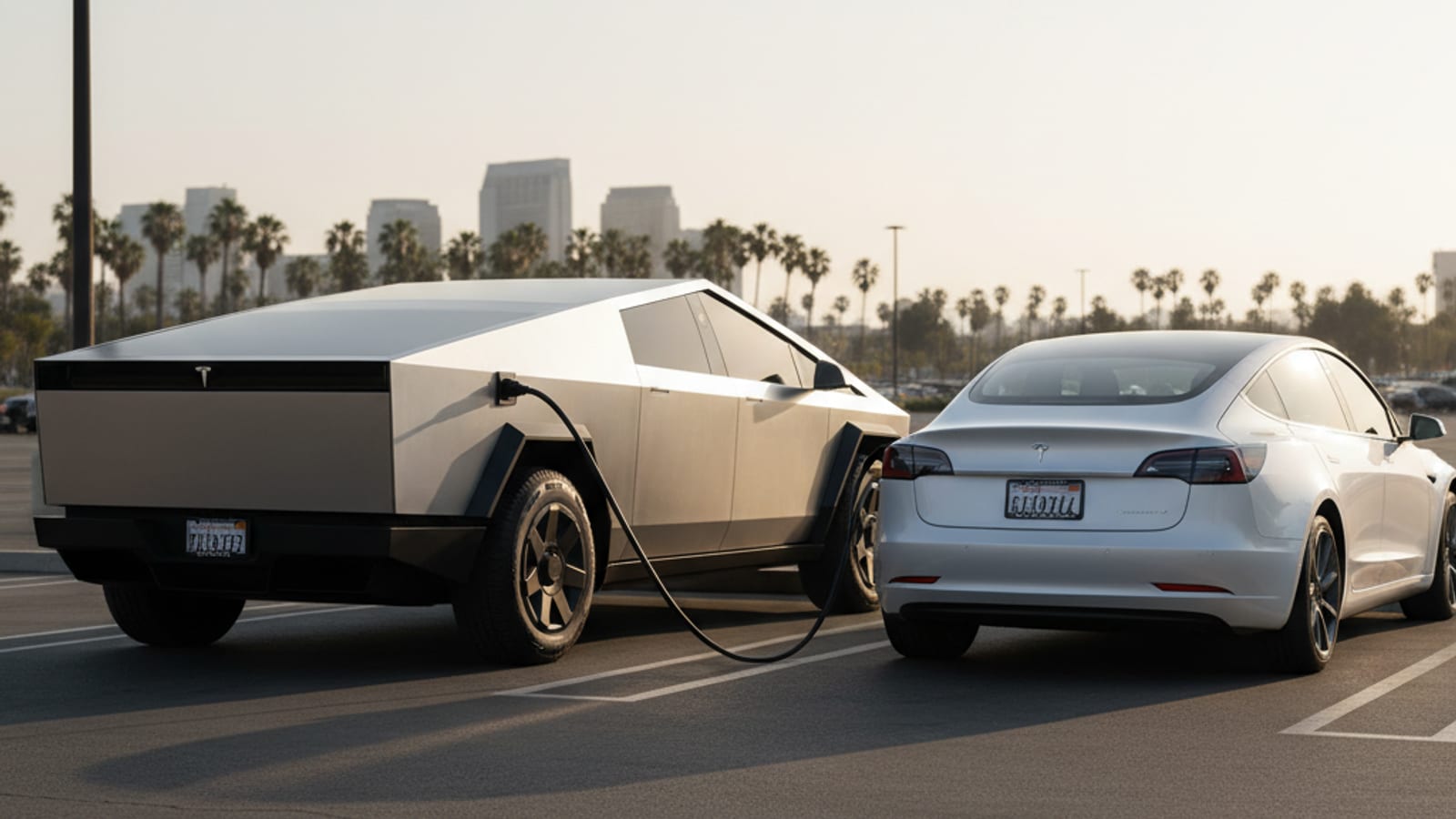 Two electric cars stopped on a paved roadside shoulder with a cable lying between them