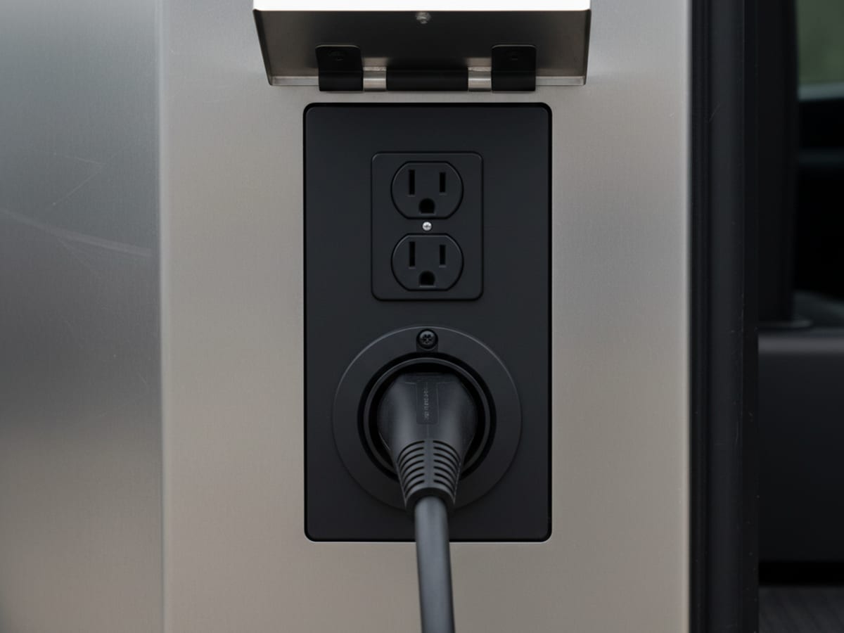 A 240-volt outlet on a truck bed wall with a heavy charging cable plugged in
