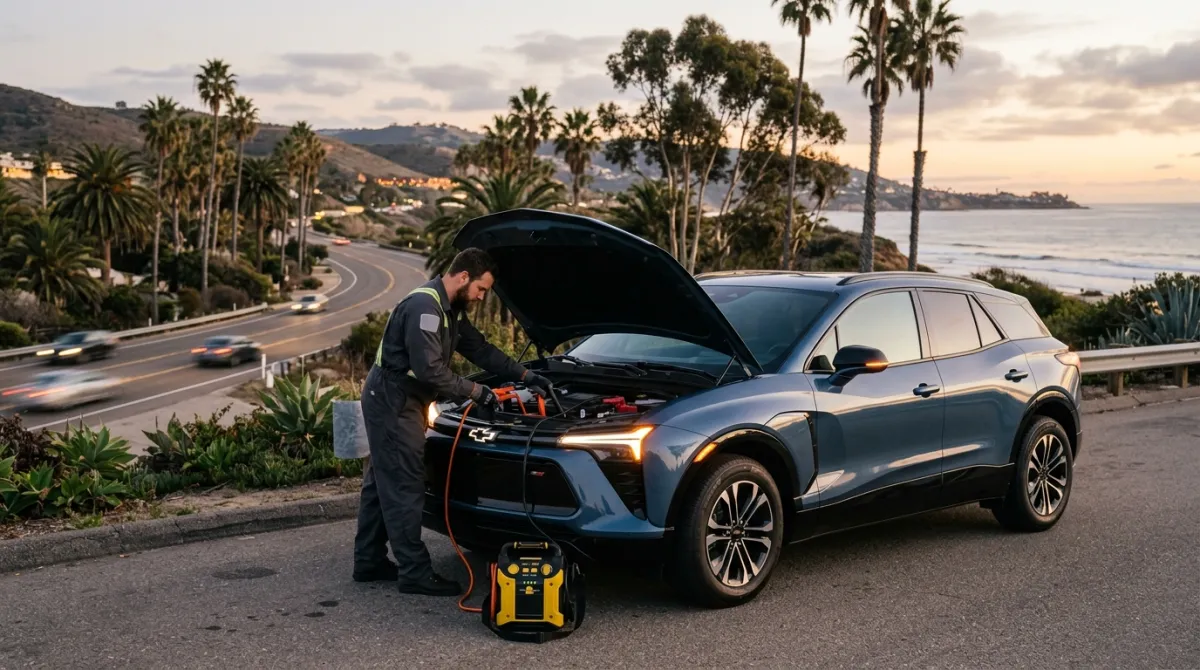 A mobile rescue van parked beside a dark-screen electric SUV on a paved roadside shoulder.