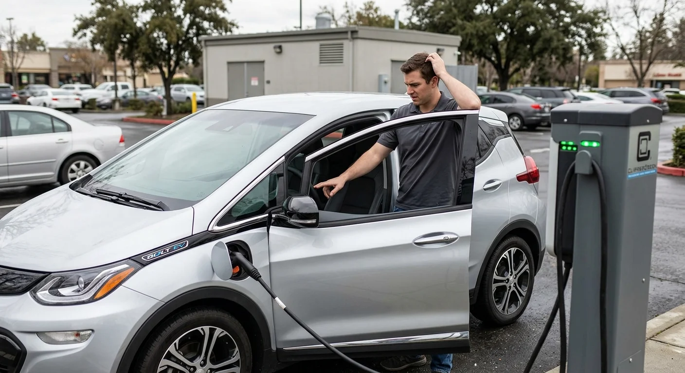 Driver in a compact electric hatchback staring at a charging screen that never started a session at a public stall.