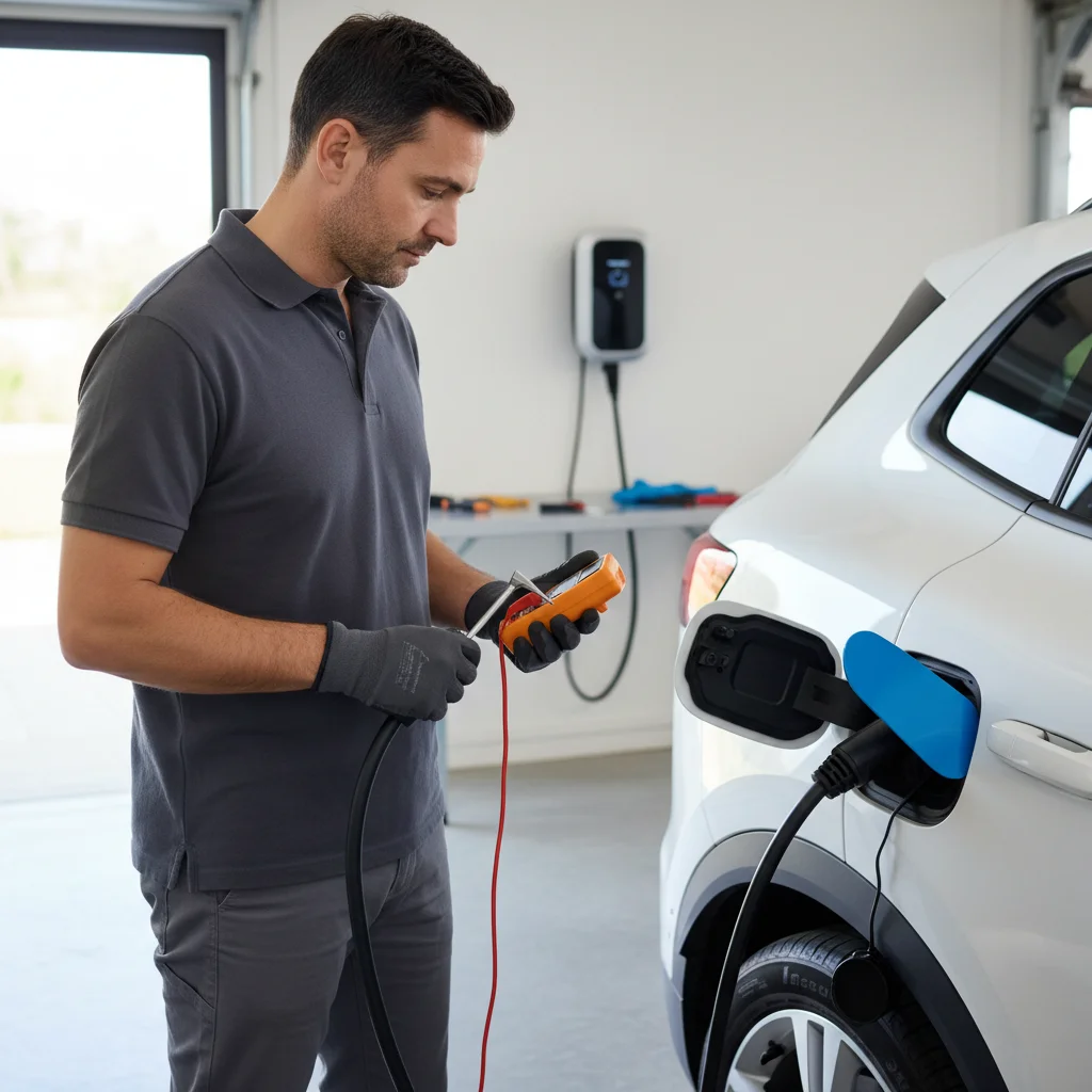 Close-up of an EV charge port with a seated cable and a warning light on the dash.