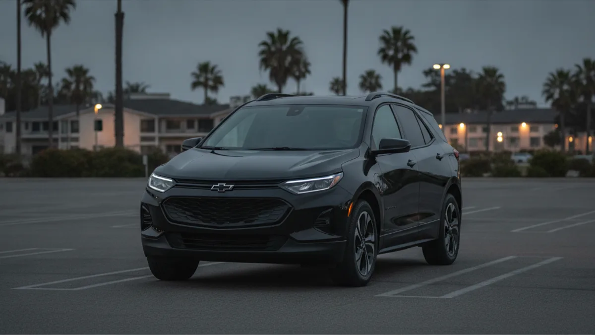 An unresponsive Chevy Equinox EV parked at dusk with a dark dash and no cabin lights.