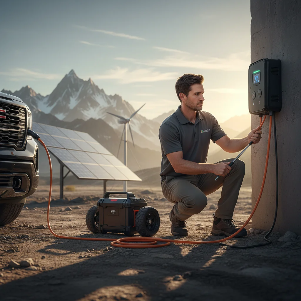 A technician connecting a portable charger to a stalled electric delivery van on a residential street
