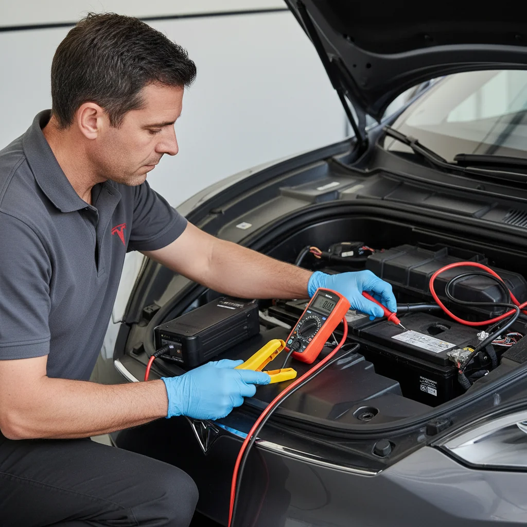 A close-up of a portable jump pack connected with red and black leads to two small posts on the front bumper of a Tesla.