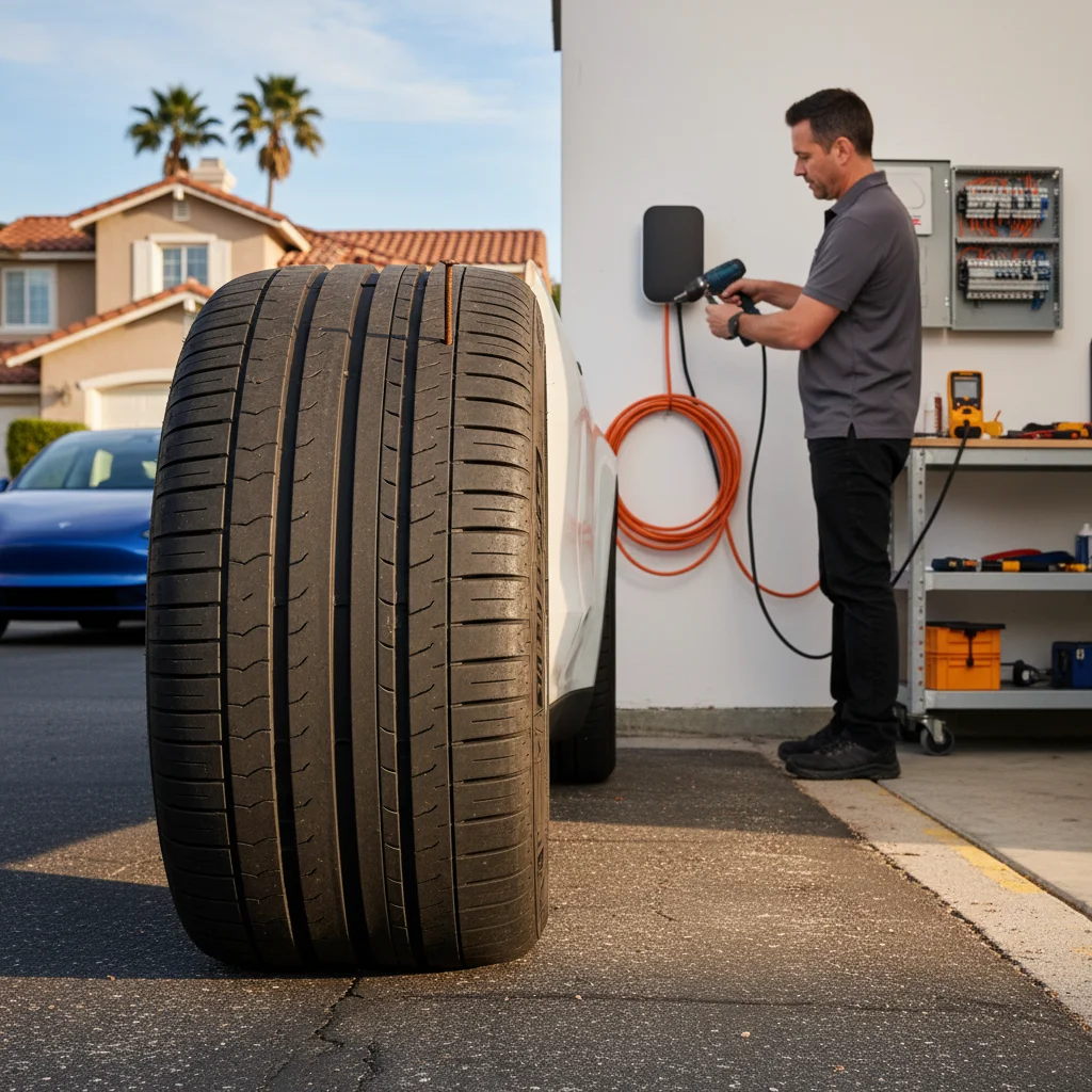 A Tesla tire with a visible nail puncture on a paved shoulder.
