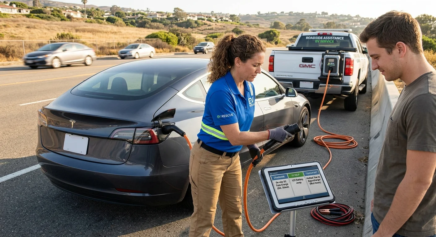 A parked electric car on a roadside shoulder while a driver checks the dashboard