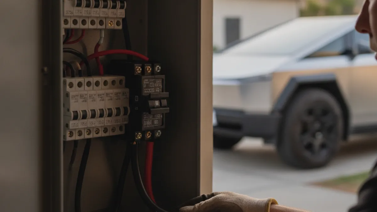 An electrician's hands working inside an open residential electrical panel, with a 240-volt breaker visible.