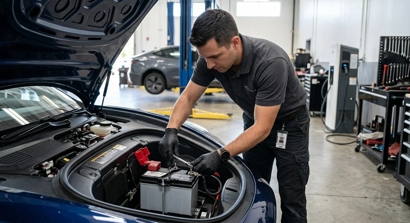 Gloved hands disconnecting the terminals of a 12-volt battery in an electric car's open front trunk