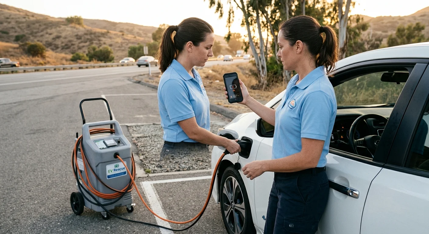 An electric car parked on a paved shoulder with a dark dashboard after an earlier jump