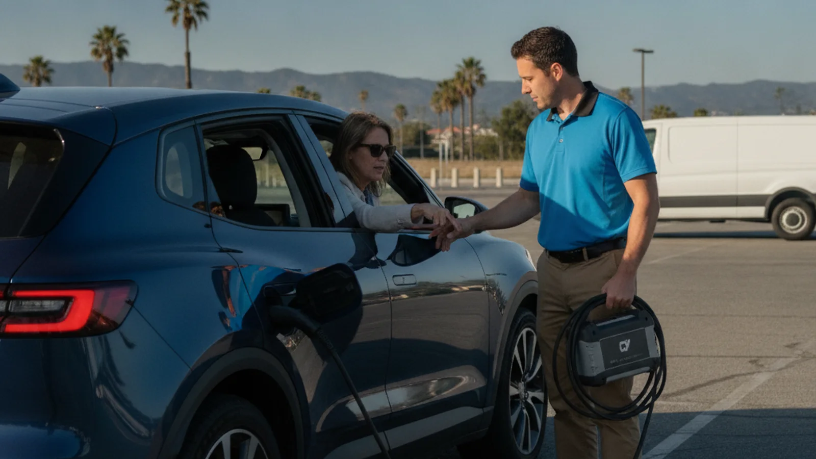 Parked electric car on a paved shoulder with the front trunk open