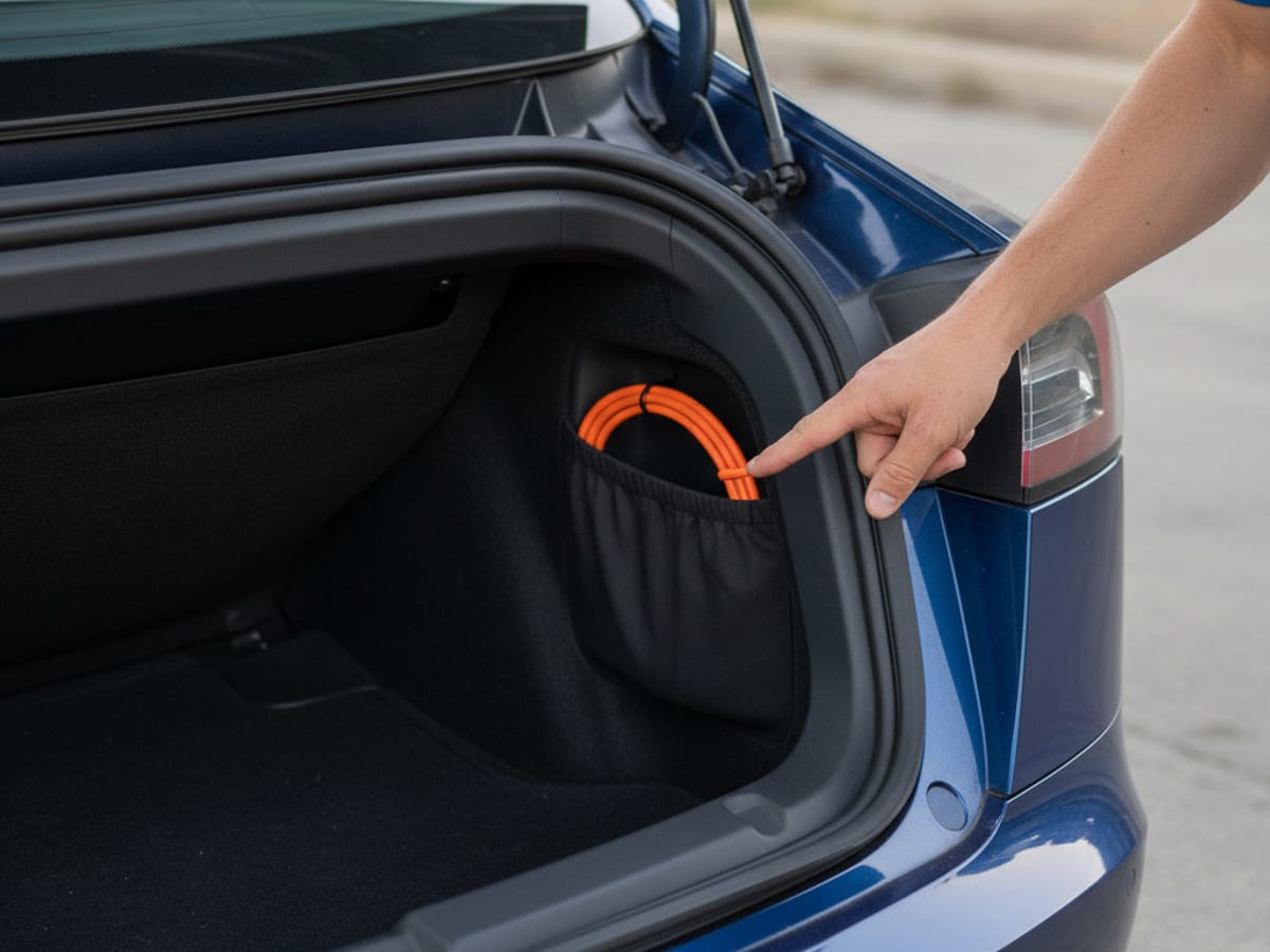 Trunk trim pulled back to show a manual charge-port release cable behind an access panel