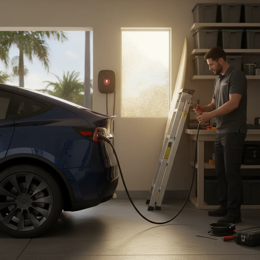 A dark EV parked at the curb with a charging cable plugged into the charge port