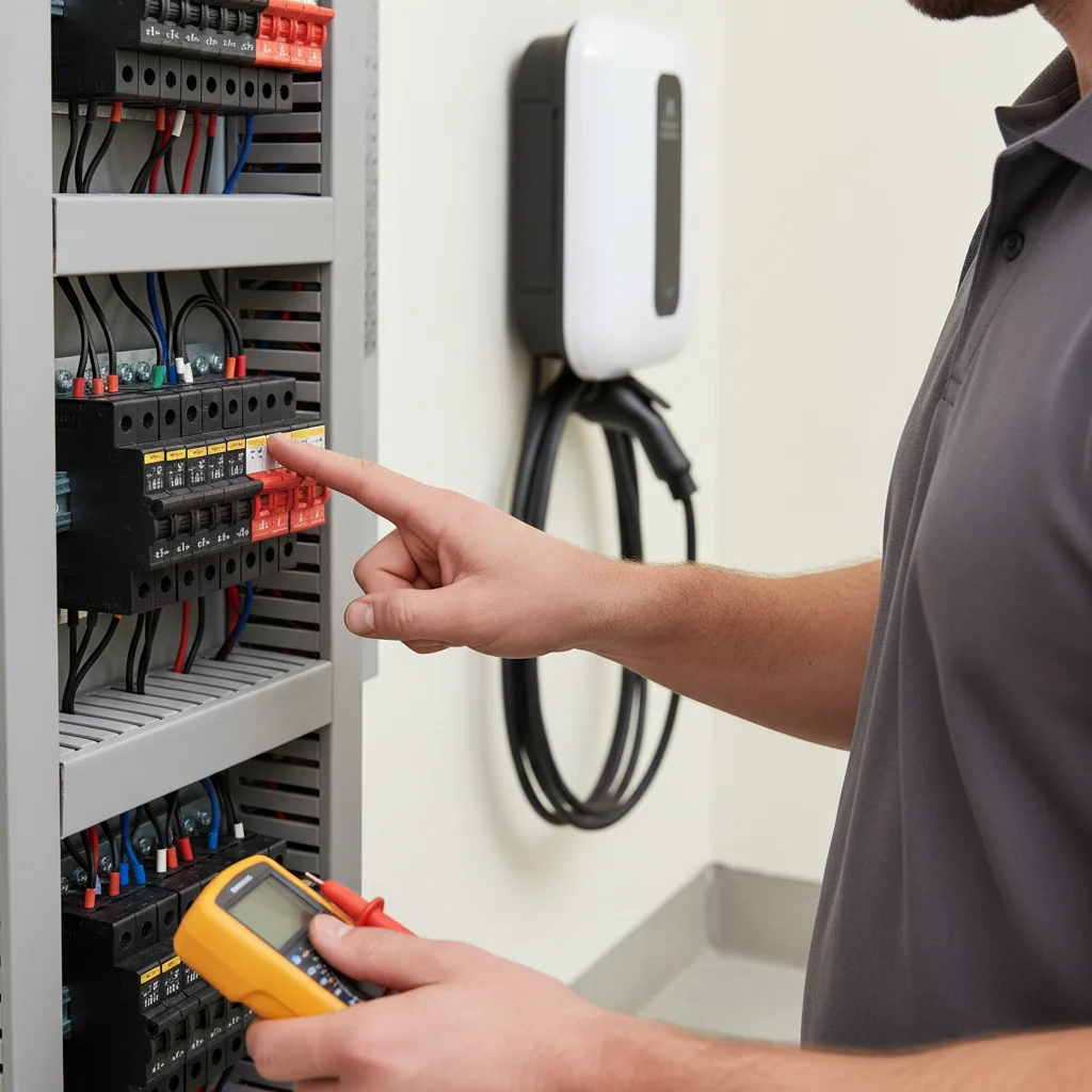 A person inspecting a residential electrical panel breaker after a failed charge