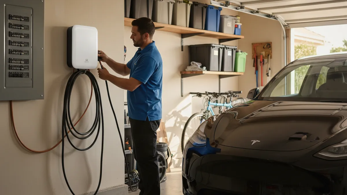 An electric car stopped on a paved shoulder with a rescue van parked behind it