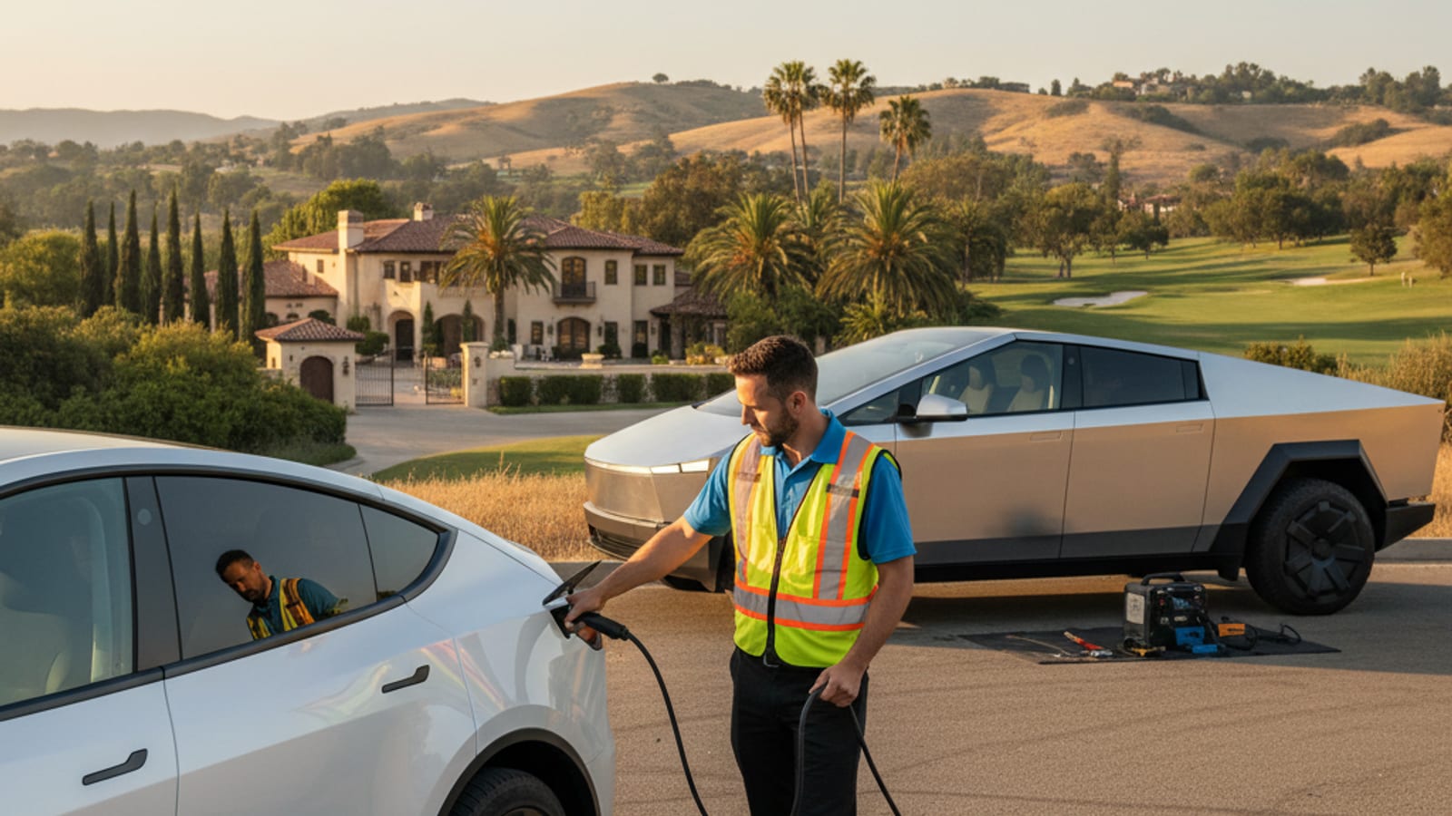 An electric car parked on a paved roadside shoulder next to a van with charging equipment