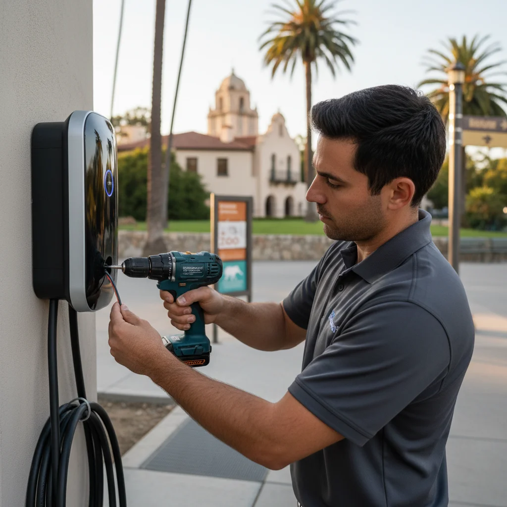 Portable jump pack and charging cable beside a closed EV charge port