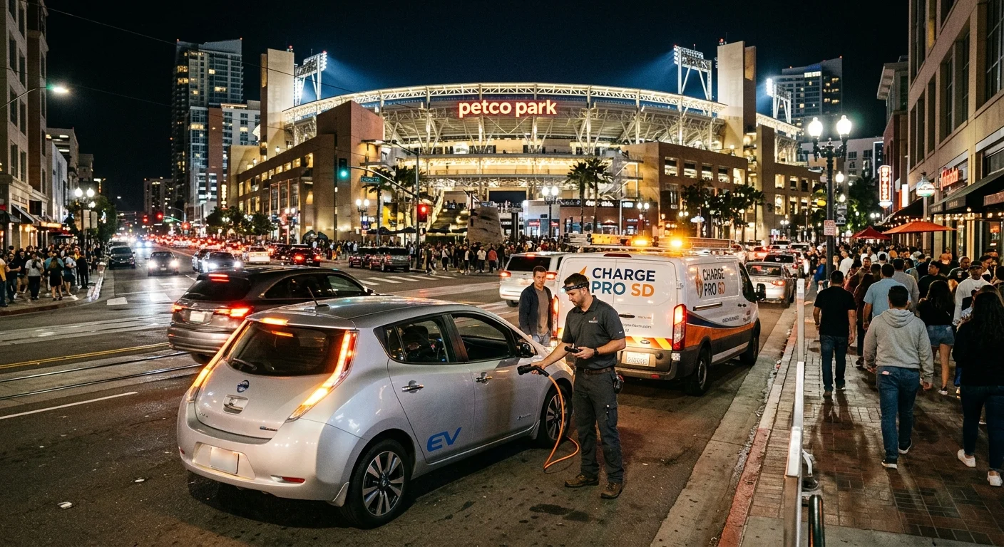 An operator vehicle parked near a stadium garage exit, an EV at the curb with hazard lights, evening light, city skyline behind.