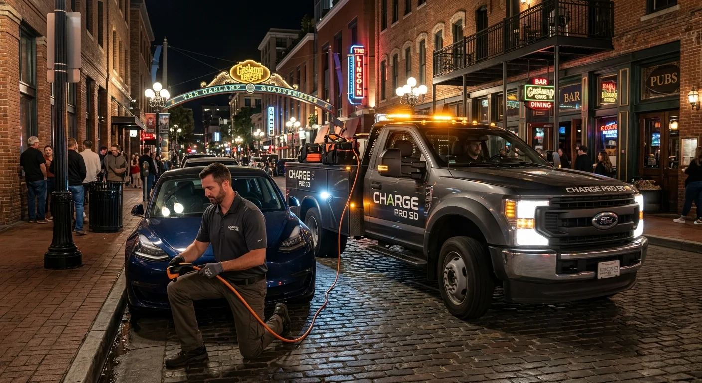 A mobile EV charging van on a downtown San Jose street at night beside a stranded EV at the curb.