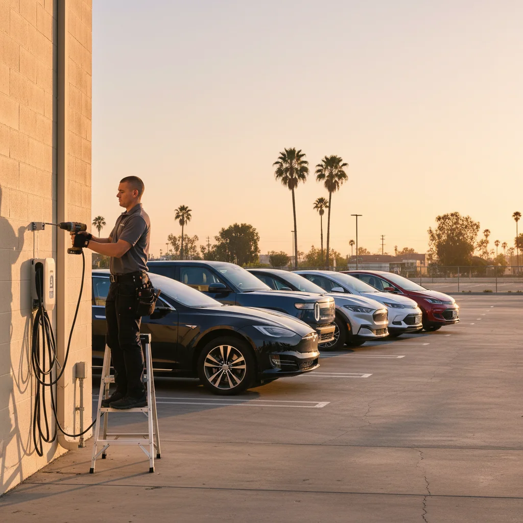 Parked electric cars in a paved lot as a driver leans into an open door to check the dash
