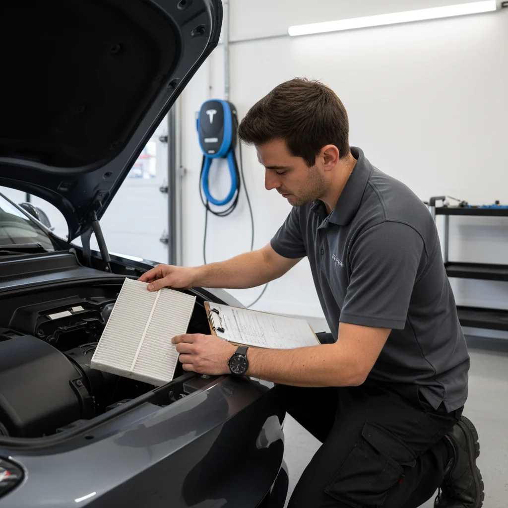 A technician with a clipboard inspects an open EV compartment in a workshop