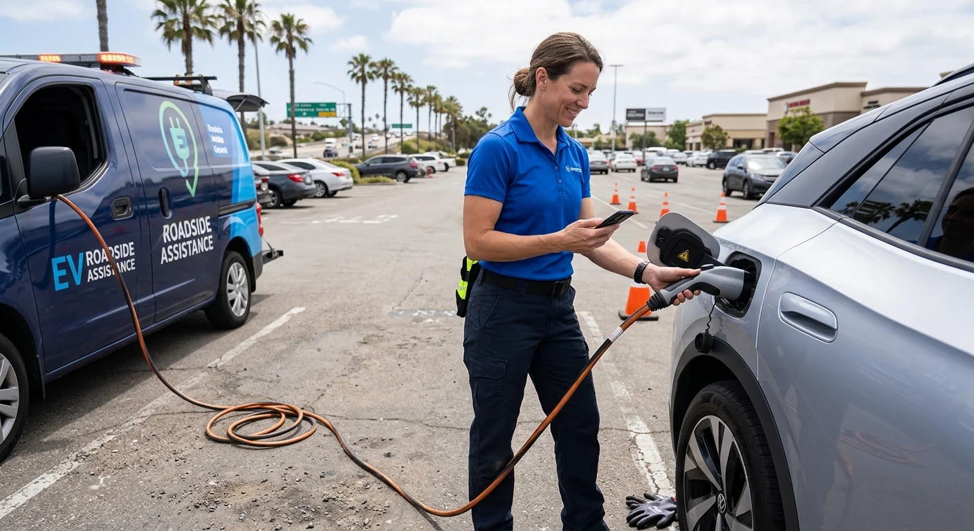 An EV driver on a phone comparing a charging-map result with a rescue truck parked at the curb