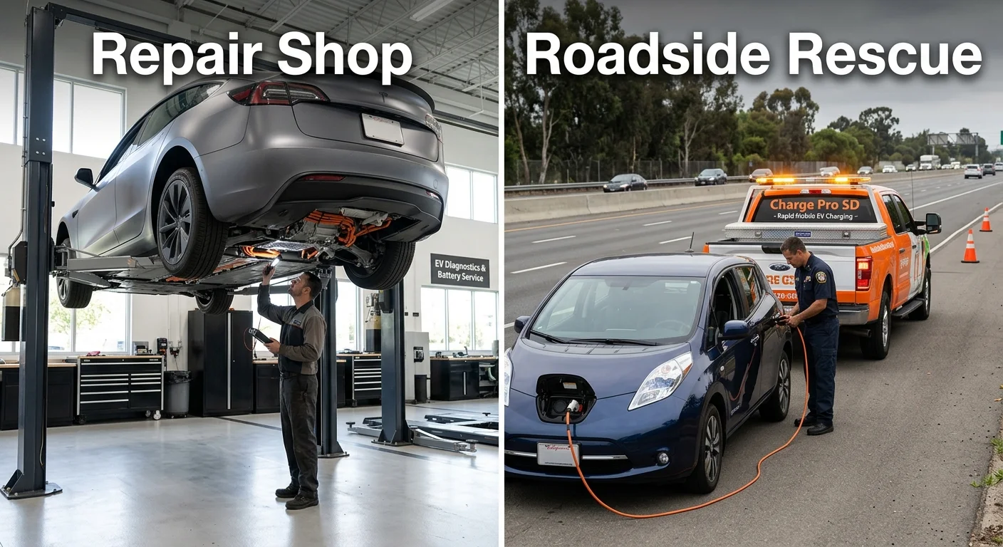 Split view of an EV on a shop lift and a technician helping a stranded EV at the curb