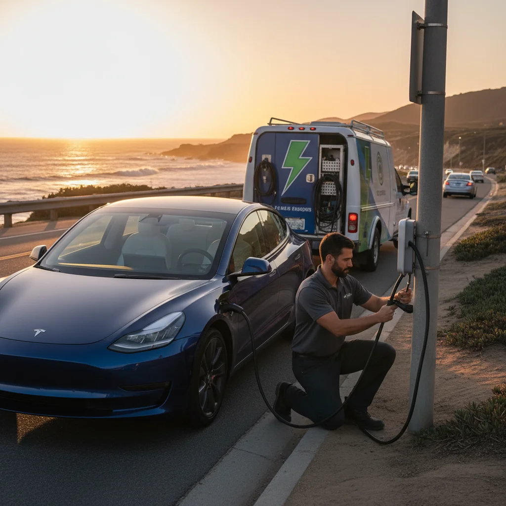 Parked electric sedan on a roadside shoulder as a mobile charging truck approaches from behind