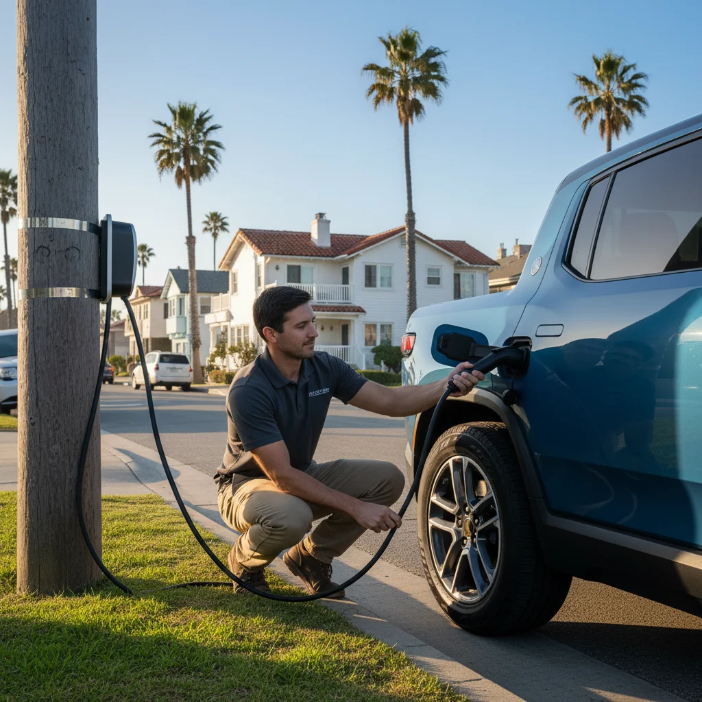 Technician plugging a charging cable into an electric SUV at the curb