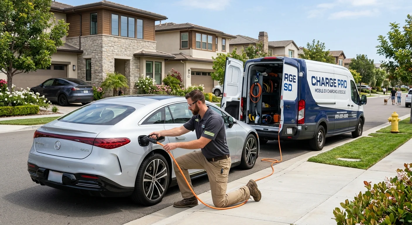 A mobile EV charging van on a wide suburban street in a newer east Contra Costa subdivision with an EV charging at the curb.