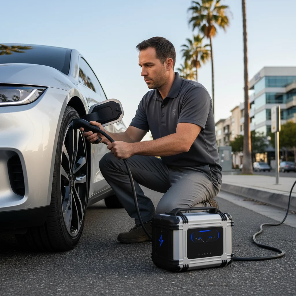 A technician plugging a charging cable into an electric car at the curb