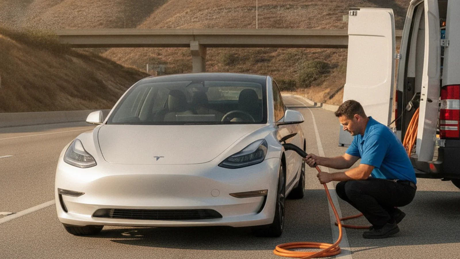 An operator vehicle with charging rig parked beside an EV in a small South Bay commercial lot, late morning light, suburban trees in the background.