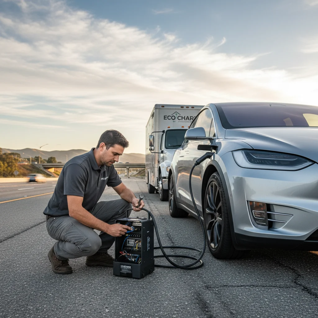 An EV stopped on a freeway shoulder with hazard lights on as traffic moves past