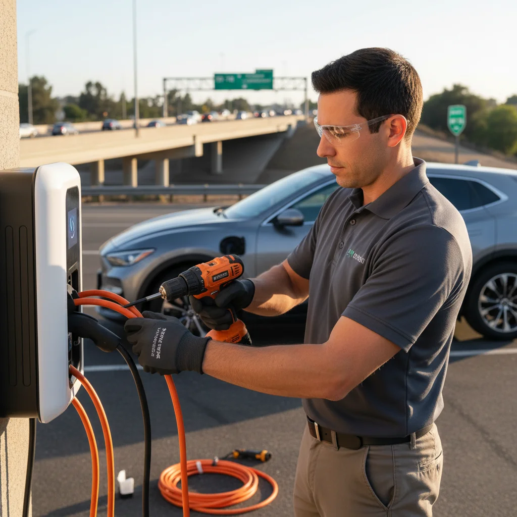 A technician connecting a portable charger cable to an electric car on the shoulder