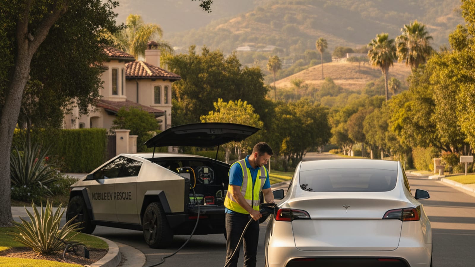 Person standing beside a dark electric car in a paved lot with the cabin unlit