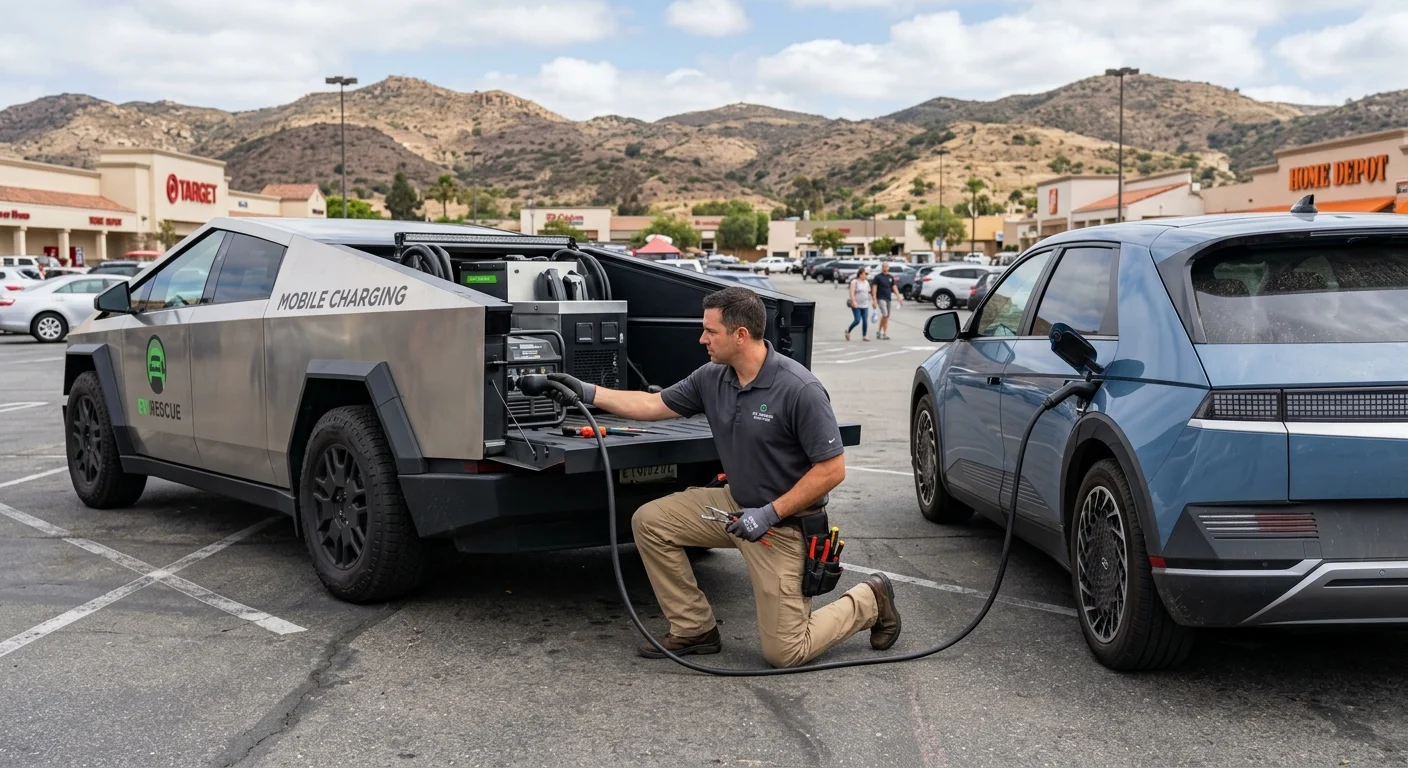 An operator vehicle parked beside a stranded EV at the edge of an inland valley road with oak-covered hills in the background, late afternoon light.