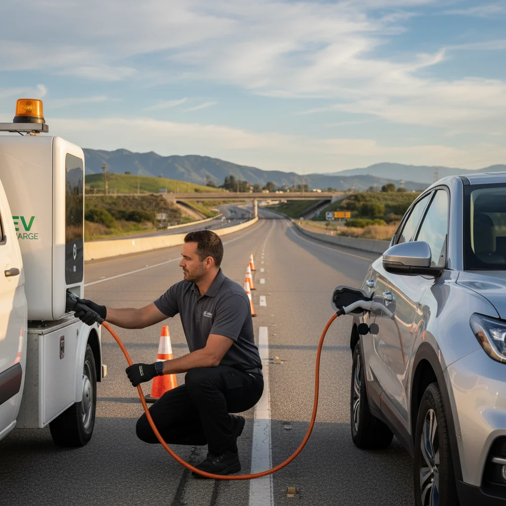 An electric pickup parked on a paved highway shoulder with hazard lights while traffic moves in the next lane