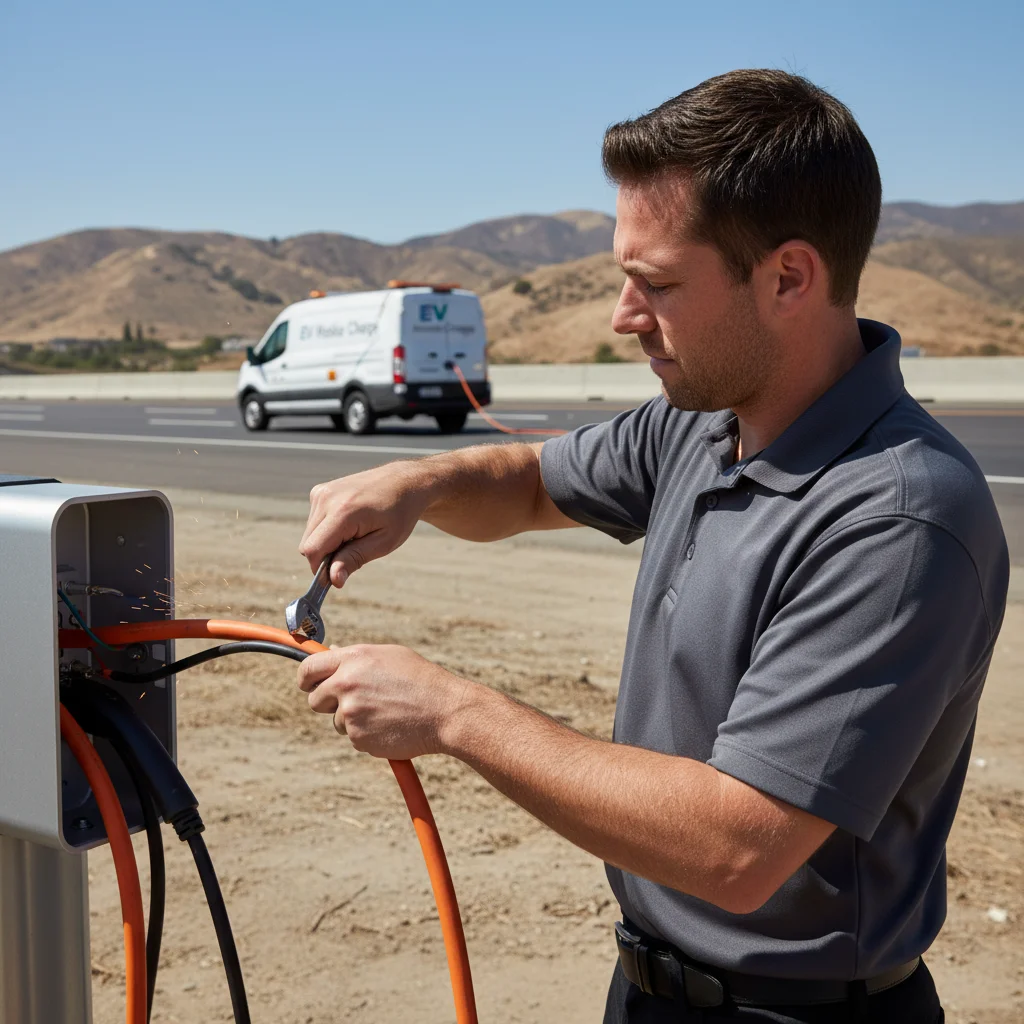 A technician in a work jacket plugging a CCS cable into a compact electric SUV in a parking stall