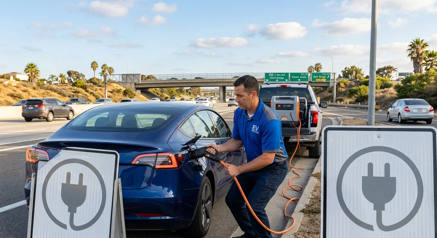 An electric car at a charging stall with cables on a wide paved lot