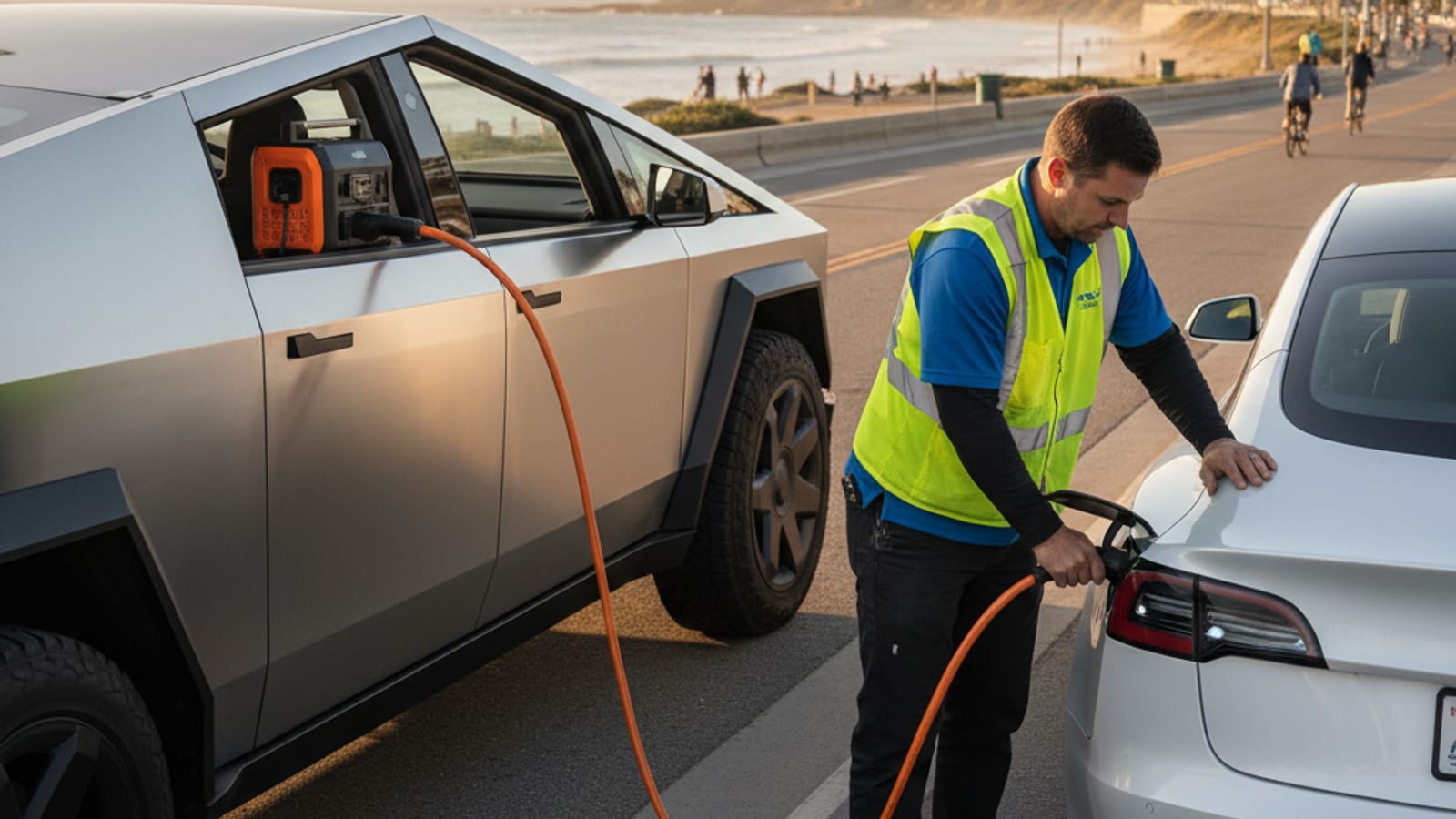 An electric car parked on a paved shoulder with its hazard lights on