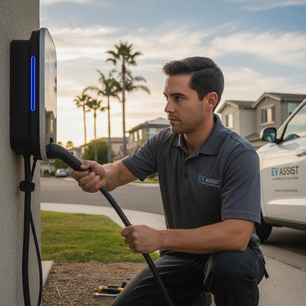 A charging cable plugged into an EV beside a roadside service van